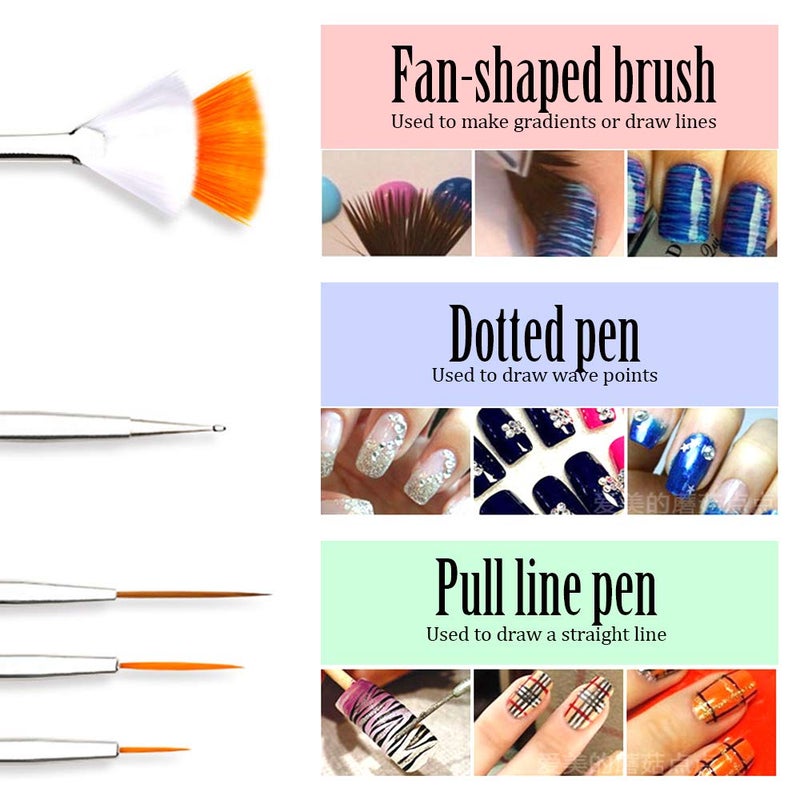 Teenitor Nail Art Brushes,3D Nail Art Paiting Polish Design Kit with 15 Nail Gel Brushes, Nail Dotting Pen 5pcs, 12 Colors Nail Rinestones 10 Adhesive Nail Striping Tape for False Acrylic Nails White - Image 3