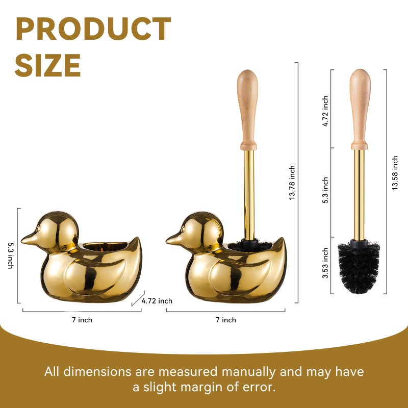 BASDHE Duck Toilet Brush and Holder Set - Ceramic Bathroom Toilet Scrubber Brush Organizer with Wooden & Stainless SteelHandle, Gold Toilet Brush & Cute Duck Design for Bath Decor Storage - Image 2