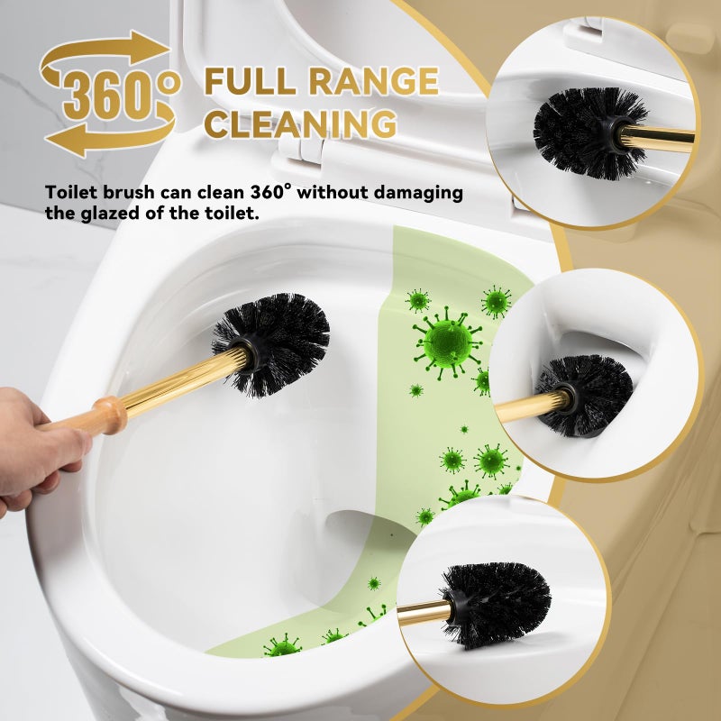 BASDHE Duck Toilet Brush and Holder Set - Ceramic Bathroom Toilet Scrubber Brush Organizer with Wooden & Stainless SteelHandle, Gold Toilet Brush & Cute Duck Design for Bath Decor Storage - Image 5