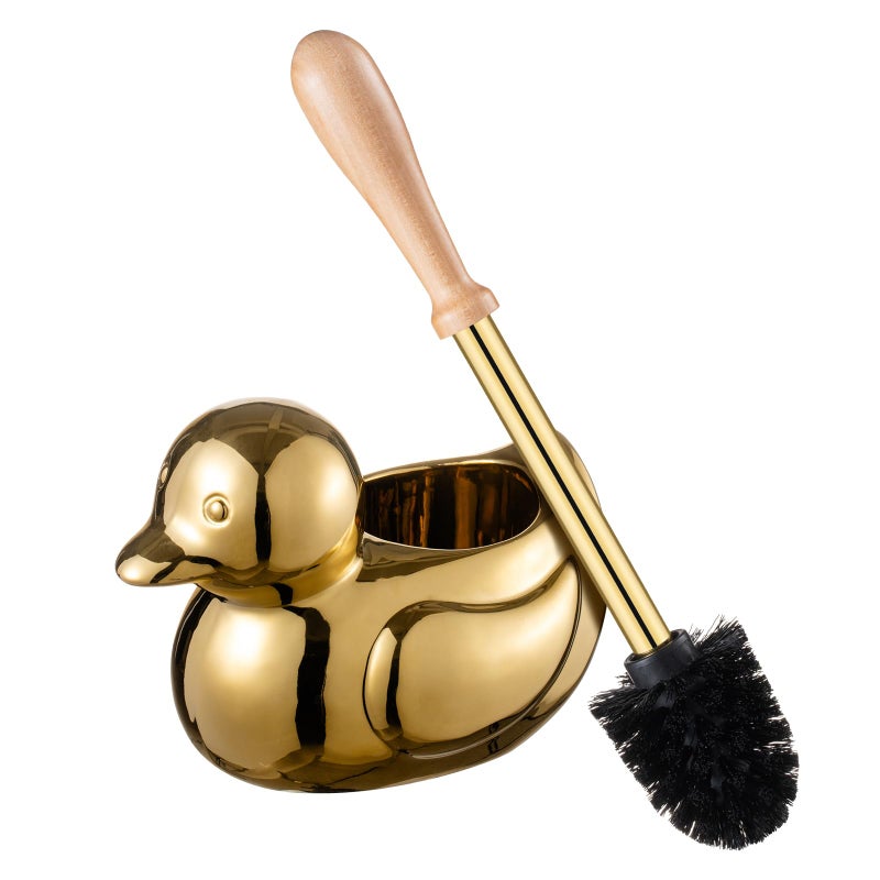 BASDHE Duck Toilet Brush and Holder Set - Ceramic Bathroom Toilet Scrubber Brush Organizer with Wooden & Stainless SteelHandle, Gold Toilet Brush & Cute Duck Design for Bath Decor Storage - Image 1