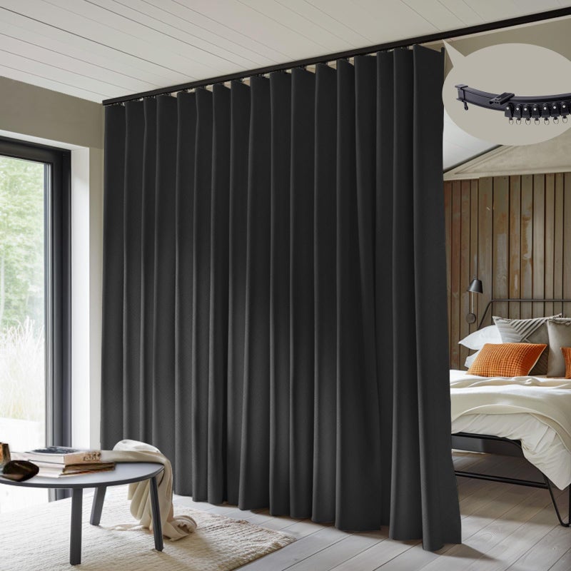 MaKefeile Room Divider Curtains with Flexible Ceiling Curtain Tracks Set,100% Blackout Floor to Ceiling Curtains Patio Sliding Door Curtains (Black Drape & Black Rail W 8.3 × H 7 FT) - Image 1