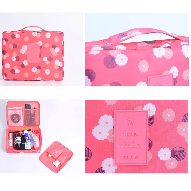 ERHETUS Multipurpose Travel Cosmetic Makeup Pouch | Multi Pockets Toiletry Bags & Travelling Pouches for Girls | Inner Ware Storage Organizer & Wash Bag for Women - Red Flower (Size: 21x16x08 cm) - Image 1