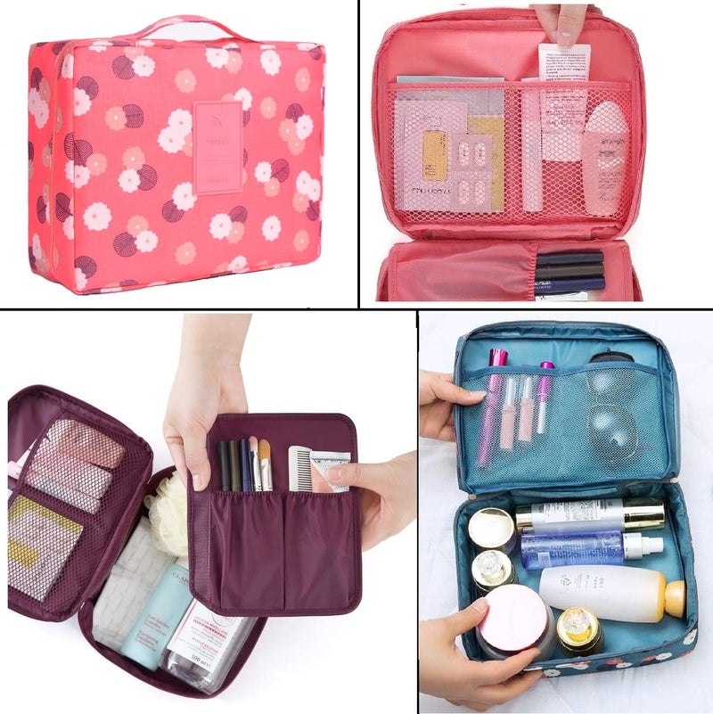ERHETUS Multipurpose Travel Cosmetic Makeup Pouch | Multi Pockets Toiletry Bags & Travelling Pouches for Girls | Inner Ware Storage Organizer & Wash Bag for Women - Red Flower (Size: 21x16x08 cm) - Image 3