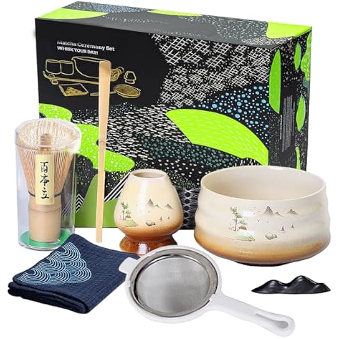 HIKKY Matcha Set 7Pcs Japanese Matcha Whisk Kit With Matcha Bowl Matcha Bamboo Whisk Scoop Whisk Holder Stainless Steel Tea Sifter Tea Making Tools Kit - Image 1