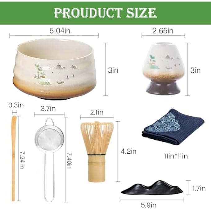 HIKKY Matcha Set 7Pcs Japanese Matcha Whisk Kit With Matcha Bowl Matcha Bamboo Whisk Scoop Whisk Holder Stainless Steel Tea Sifter Tea Making Tools Kit - Image 4