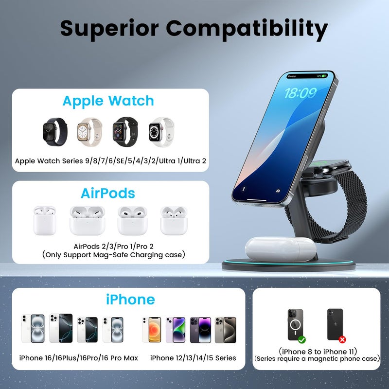 ENERGYCELL 3-in-1 Charging Station, 2X Faster 15W Wireless Charging Station for iPhone 16/15/14/13/12, for Apple Watch, AirPods, Magnetic Wireless Charger with Sleep Friendly Light - Image 3