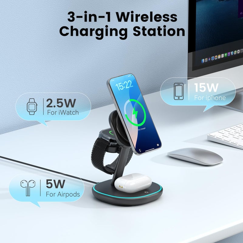 ENERGYCELL 3-in-1 Charging Station, 2X Faster 15W Wireless Charging Station for iPhone 16/15/14/13/12, for Apple Watch, AirPods, Magnetic Wireless Charger with Sleep Friendly Light - Image 2