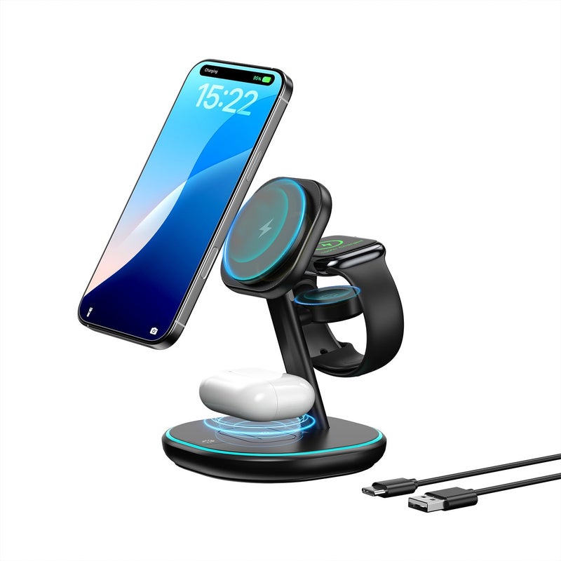 ENERGYCELL 3-in-1 Charging Station, 2X Faster 15W Wireless Charging Station for iPhone 16/15/14/13/12, for Apple Watch, AirPods, Magnetic Wireless Charger with Sleep Friendly Light - Image 1
