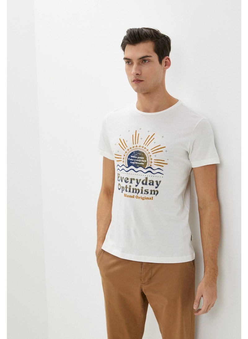 Blend Men’s Printed Graphic T-Shirt – Everyday Optimism Slogan White Crew Neck Cotton Tee - Image 1