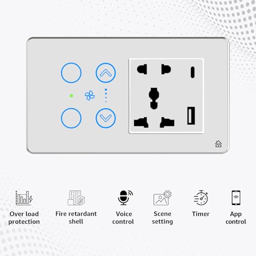 Home Mate HomeMate Smart Touch Switch Panel (White) with Silver Bezel | Edge Series | 2 Switch, 1 Fan & 1 Socket with Quick Charge USB's | Compatible with 4 Gang Box| Works with Alexa, Google Assistant & Siri - Image 3