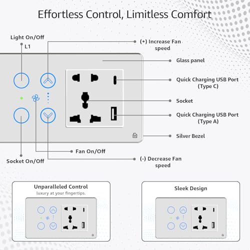 Home Mate HomeMate Smart Touch Switch Panel (White) with Silver Bezel | Edge Series | 2 Switch, 1 Fan & 1 Socket with Quick Charge USB's | Compatible with 4 Gang Box| Works with Alexa, Google Assistant & Siri - Image 4