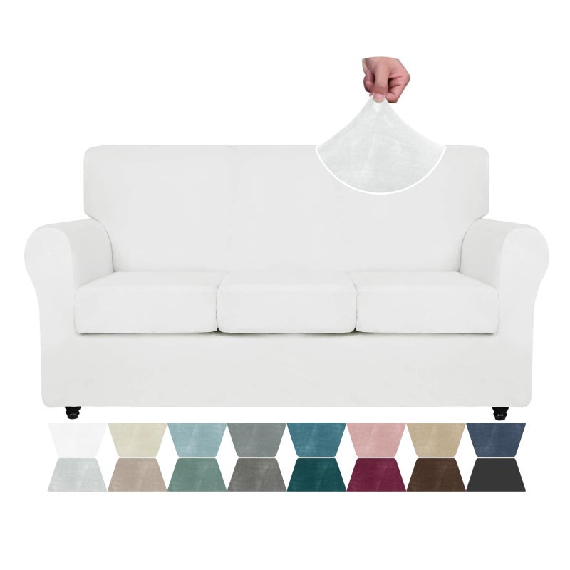 ZNSAYOTX ZNSAYOTX Luxury Velvet Couch Cover 4 Piece 7292 Stretch Sofa Covers for 3 Cushion Couch Thick Soft Sofa Slipcover with Non Slip Strap Dog Pet Friendly Nice Furniture Protector White 