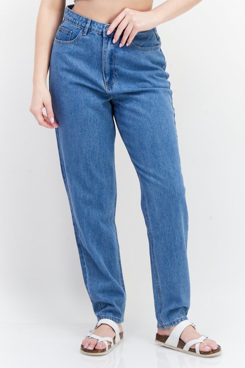 Missguided Women Mom Fit Washed Non Stretchable Denim Jeans, Blue - Image 1