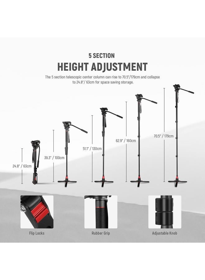 Neewer Professional Camera Monopod with Feet, 70.5"/179cm Telescopic Portable Aluminum Travel Monopod with Pan Tilt Fluid Head and Removable Tripod Base for DSLR Camera Camcorder, Max Load 13.2lb/6Kg - Image 5