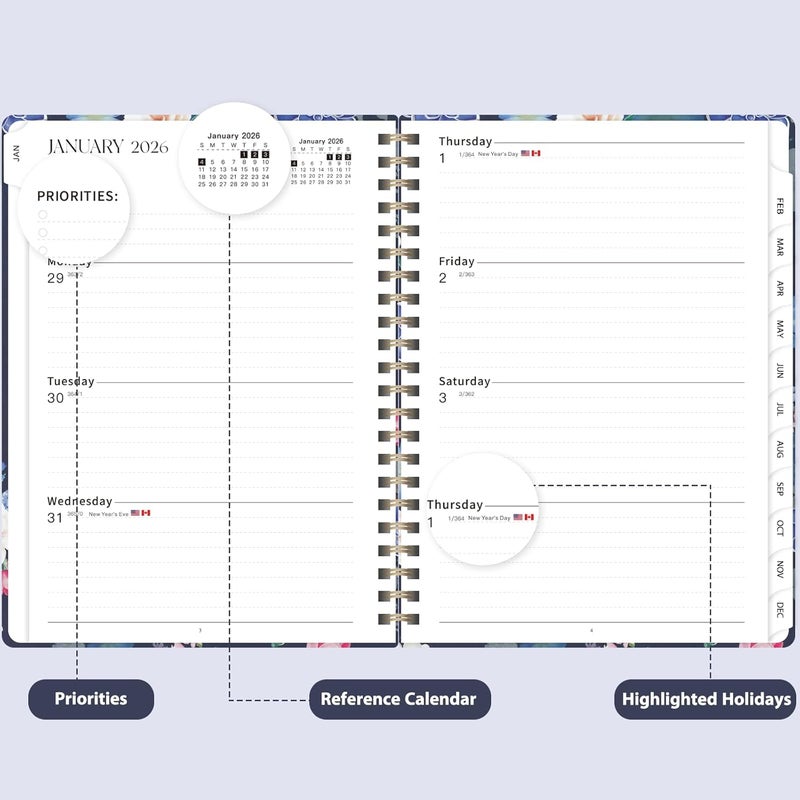 VALOME 2026 Planner, Weekly and Monthly Calendar Planner, Academic Daily Agenda (Jan 2026 - Dec 2026), Hardcover Planning Notebook for Office Accessories and School Supplies, Blue Flower - Image 3
