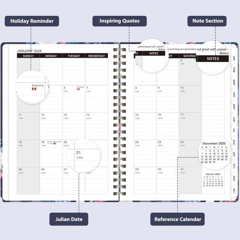 VALOME 2026 Planner, Weekly and Monthly Calendar Planner, Academic Daily Agenda (Jan 2026 - Dec 2026), Hardcover Planning Notebook for Office Accessories and School Supplies, Blue Flower - Image 2