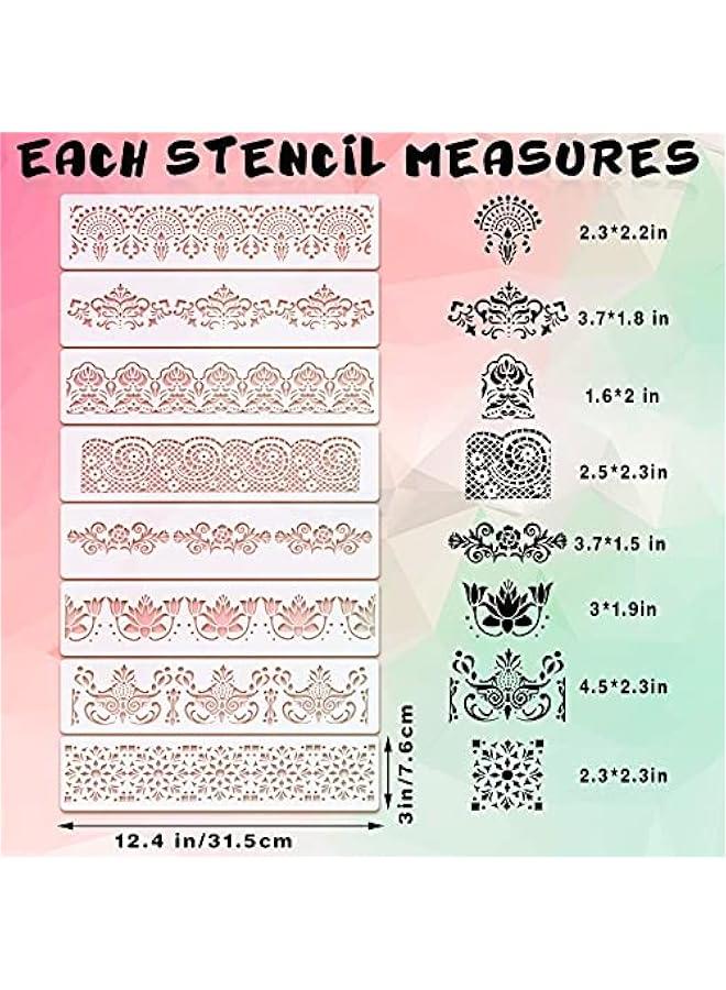 Arabest 8 Pcs Flower Stencils Cake Border for ercream Book Edge Painting Kit Template Cake Decorating Reusable DIY Art and Craft Floral Baking Tool for Sourdough Design Wood Canvas Paper Fabric  - Image 3