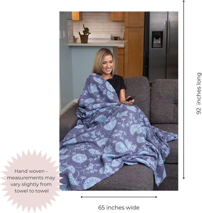 InfuseZen Large Turkish Muslin Throw Blanket  Reversible Dandelion Design 100 Turkish Cotton Gauze  92 x 65  Soft Thin Lightweight Breathable  Sofa Bed Picnic Beach Yoga  NavyBlue - Image 3
