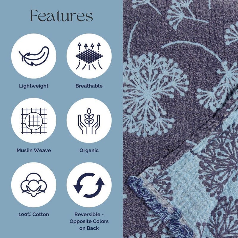 InfuseZen Large Turkish Muslin Throw Blanket  Reversible Dandelion Design 100 Turkish Cotton Gauze  92 x 65  Soft Thin Lightweight Breathable  Sofa Bed Picnic Beach Yoga  NavyBlue - Image 4