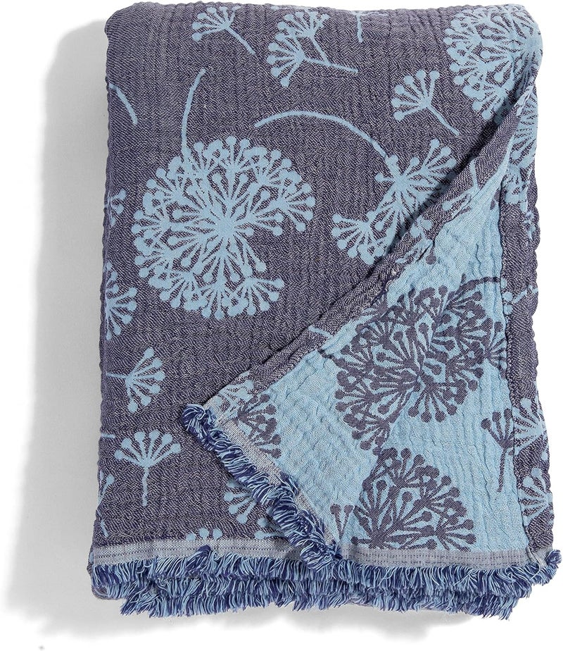 InfuseZen Large Turkish Muslin Throw Blanket  Reversible Dandelion Design 100 Turkish Cotton Gauze  92 x 65  Soft Thin Lightweight Breathable  Sofa Bed Picnic Beach Yoga  NavyBlue - Image 1