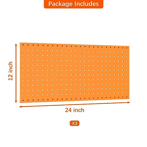 TORACK 3 PCS Metal Pegboard Panels(12x24 inch) for Wall Garage Tools Storage Pegboard for Workbench, Modular Peg Board Tool Organizer Board Kit(Pack of 3, Orange) - Image 4