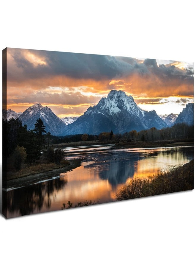 AIYISU Sunset Mountain Wall Art for Living Room Nature Grand Teton Landscape Canvas Wall Decor National Park Wall Art Oxbow Bend Snake River Scenery Wyoming Painting Artwork Office Home Decoration 20x40" - Image 1