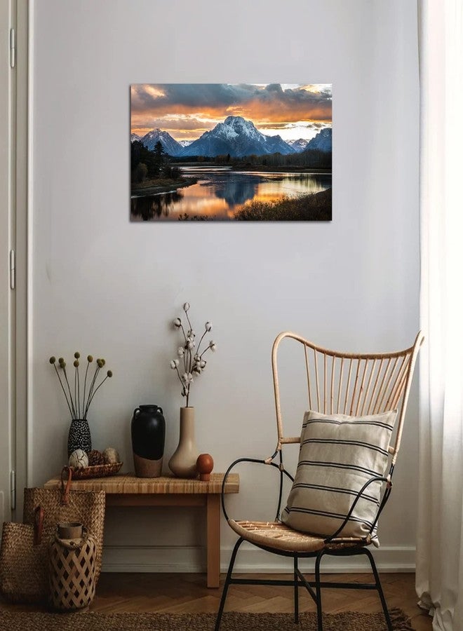 AIYISU Sunset Mountain Wall Art for Living Room Nature Grand Teton Landscape Canvas Wall Decor National Park Wall Art Oxbow Bend Snake River Scenery Wyoming Painting Artwork Office Home Decoration 20x40" - Image 3