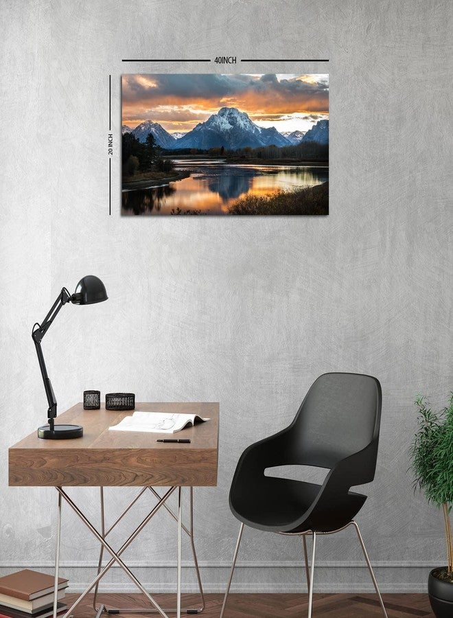 AIYISU Sunset Mountain Wall Art for Living Room Nature Grand Teton Landscape Canvas Wall Decor National Park Wall Art Oxbow Bend Snake River Scenery Wyoming Painting Artwork Office Home Decoration 20x40" - Image 2
