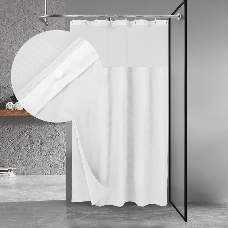 NY HOME 54 Inch Waffle Weave Shower Curtain with Snapin Fabric Liner  12 Metal Hooks Set  54 x 72 Shower Stall Size Hotel Style  Mesh Top Window Machine Washable  White 54x72