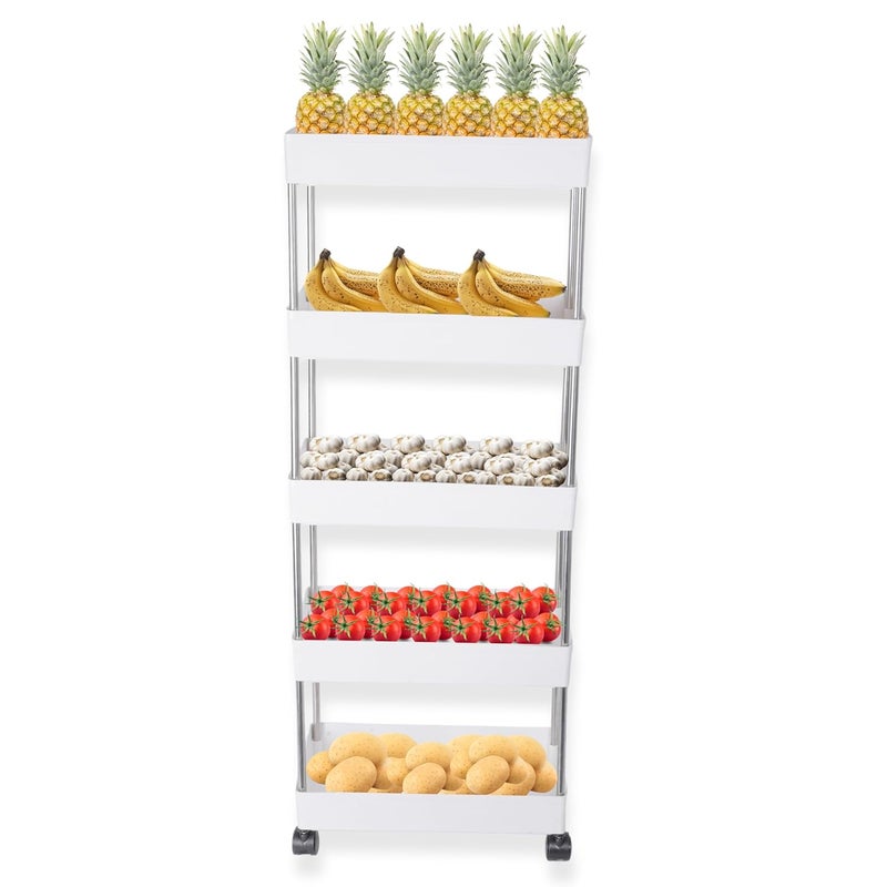 Leaffybezz Plastic Space Saving Storage Organizer Rack Shelf with Wheels for Kitchen Office Bathroom and Bedroom 5 Layer White - Image 2