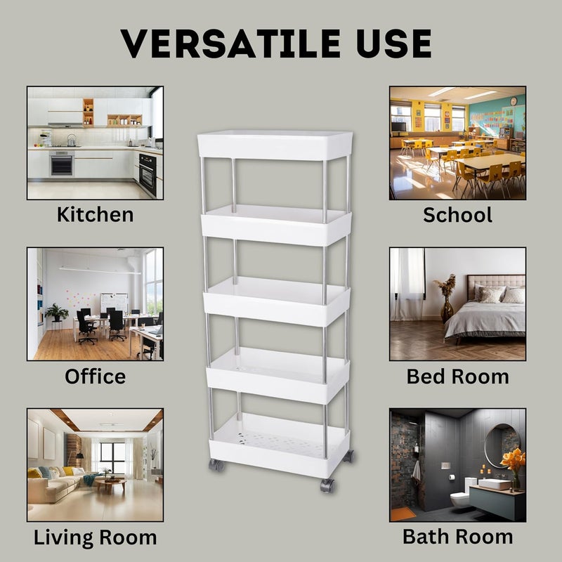 Leaffybezz Plastic Space Saving Storage Organizer Rack Shelf with Wheels for Kitchen Office Bathroom and Bedroom 5 Layer White - Image 5