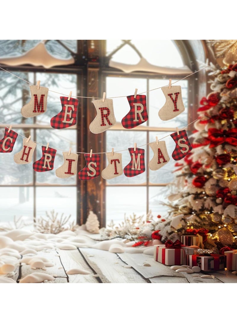 Merry Christmas Banners Sock Shaped Christmas Burlap Banners Christmas Flags Hanging Decorations for Christmas Party Wall Tree and Fireplace (B) - Image 1