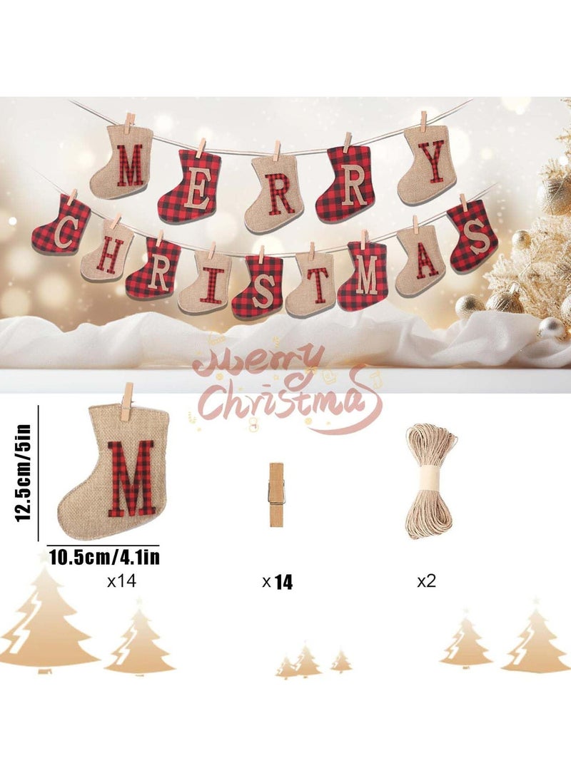 Merry Christmas Banners Sock Shaped Christmas Burlap Banners Christmas Flags Hanging Decorations for Christmas Party Wall Tree and Fireplace (B) - Image 2
