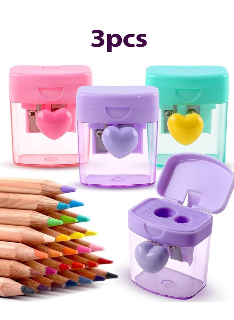 Bukela 3 pcs Heart Pencil Sharpeners, Bulk Colored Pencil Sharpener, Handheld Small Cute Pencil Sharpener, Manual Green Purple Pink Pencil Sharpeners with Cover 2 Holes for Students Classroom Office Supplies - Image 1