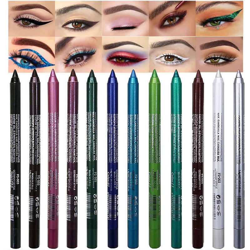 evpct 12Pcs Green Blue White Black Brown Purple Color Gel Glitter Eyeliner Pencils Set for Women Waterline Waterproof Smudge Proof lapiz de ojos delineador de ojos contra el agua Eye Liner Makeup 1 - Image 1