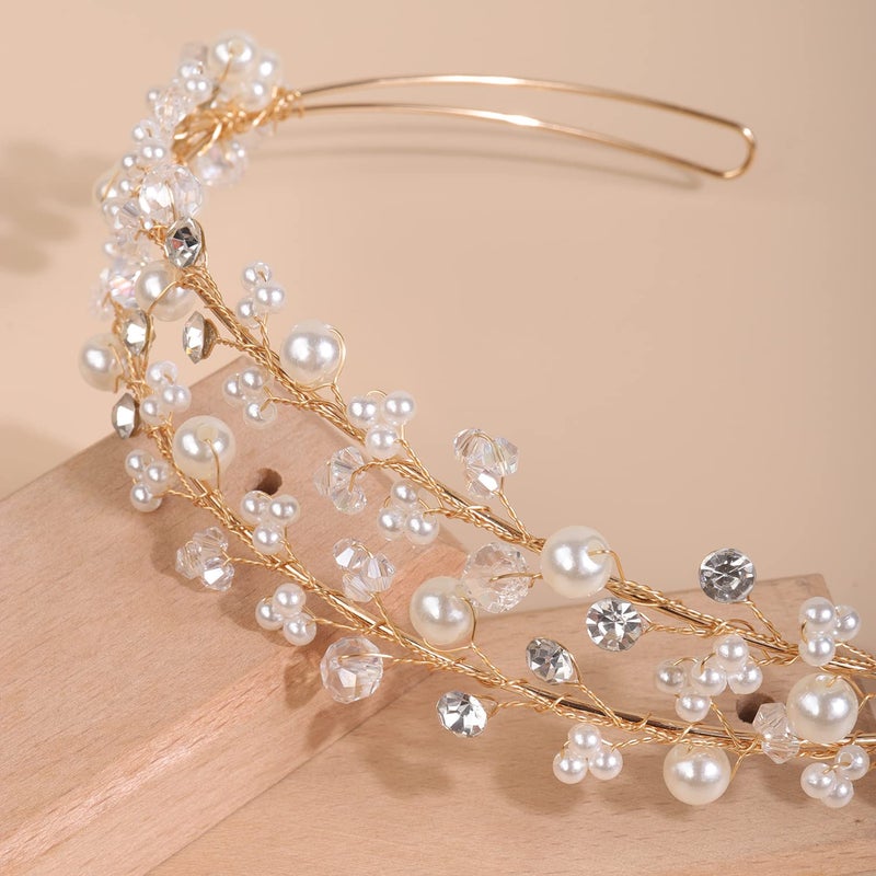 Xerling Golden Crystal Tiara Pearls Rhinestone Headband Layered Hair Band Bride Wedding Floral Hair Accessory Bridal Jewelry - Image 3
