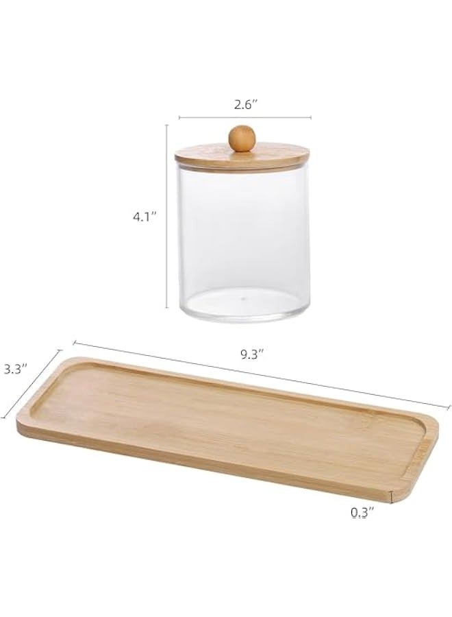 تراسل اي بين حامل اعواد قطنية / كرات / وسادة مع صينية فانيتي من كيوتيب، برطمان صيدلية كيوتيب، حاويات حمام شفافة للتخزين 3 عبوات من اغطية خشبية (3 قطع دائرية) - Image 2