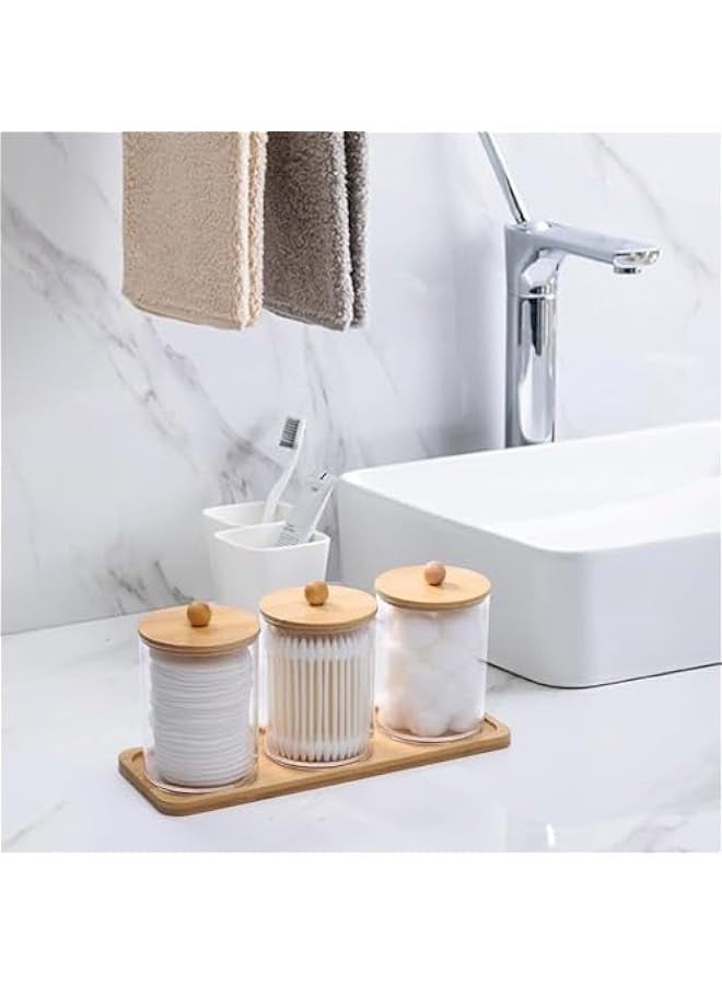 تراسل اي بين حامل اعواد قطنية / كرات / وسادة مع صينية فانيتي من كيوتيب، برطمان صيدلية كيوتيب، حاويات حمام شفافة للتخزين 3 عبوات من اغطية خشبية (3 قطع دائرية) - Image 4