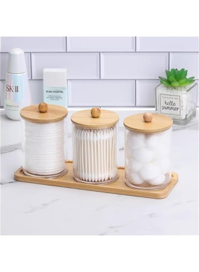 تراسل اي بين حامل اعواد قطنية / كرات / وسادة مع صينية فانيتي من كيوتيب، برطمان صيدلية كيوتيب، حاويات حمام شفافة للتخزين 3 عبوات من اغطية خشبية (3 قطع دائرية) - Image 5