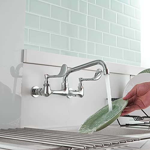 BWE Kitchen Sink Faucet, Wall Mount 2 Handle with Swivel Spout 8" Center Sink Faucet Commercial Polished Chrome Utility Laundry Restaurant Bar Mixer Tap Brass Constructed - Image 2