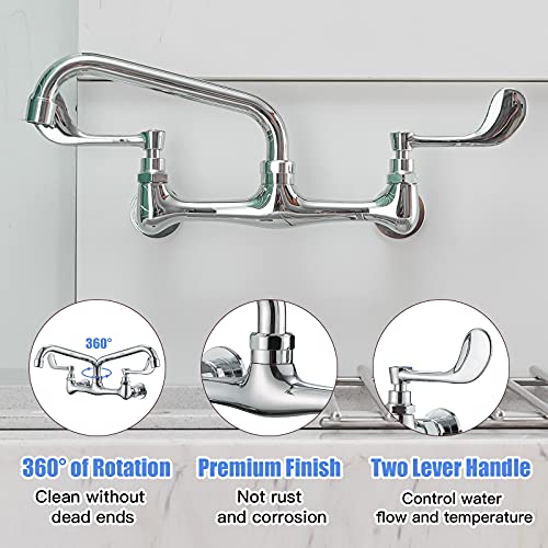 BWE Kitchen Sink Faucet, Wall Mount 2 Handle with Swivel Spout 8" Center Sink Faucet Commercial Polished Chrome Utility Laundry Restaurant Bar Mixer Tap Brass Constructed - Image 3