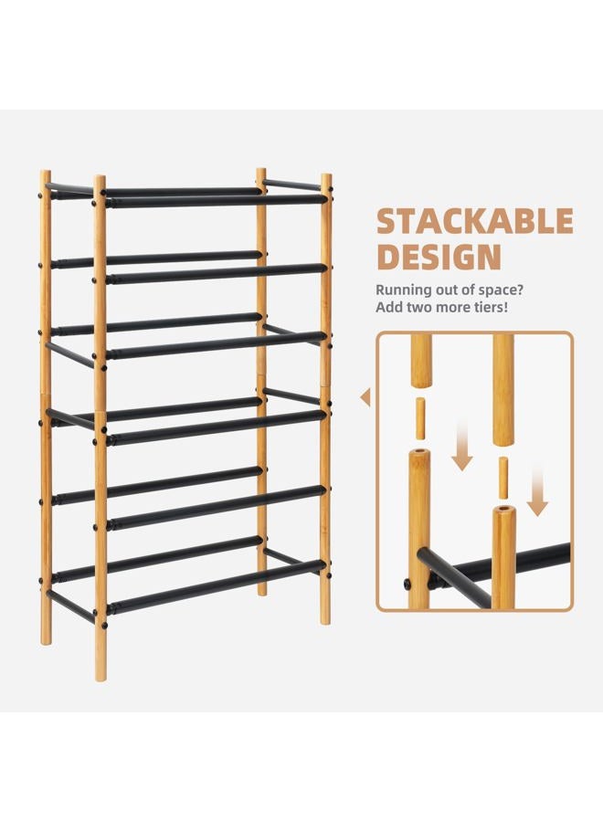 STORAGE MANIAC Expandable Shoe Rack, 16 Pairs Stackable Small Shoe Rack, Metal Adjustable Shoes Organizer for Closet, Entryway, Hallway, Garage, Front Door, Shoes Shelves, Bamboo 4 Tier - Image 4