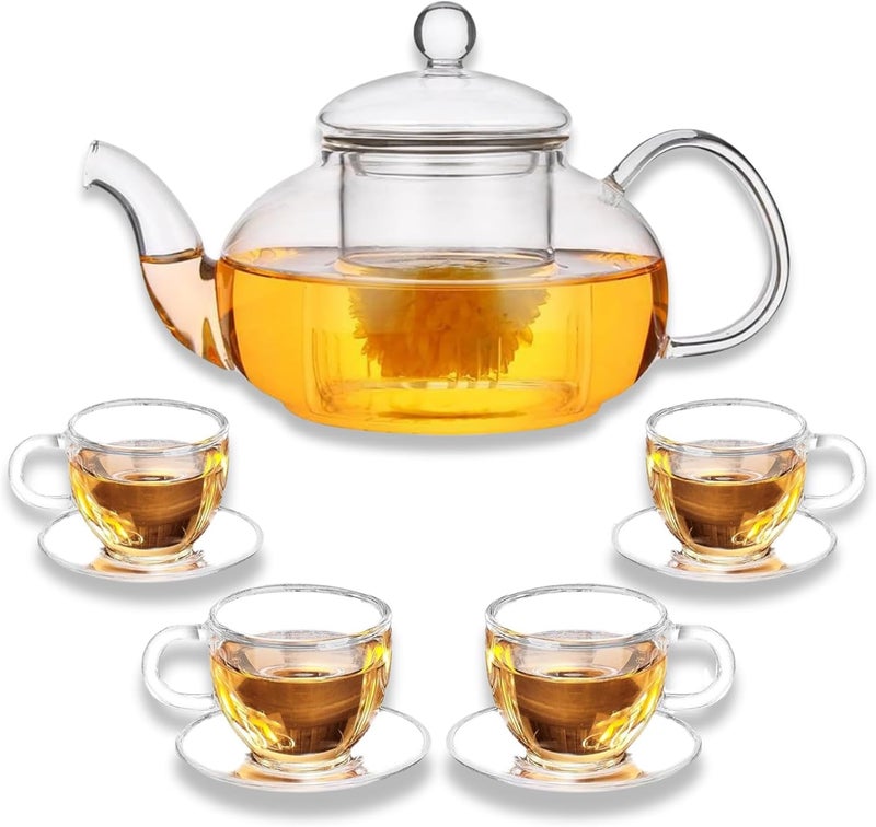 Atarvana Glass Teapot Set with Removable Infuser, 600ml Glass Tea Kettle with Loose Tea Infuser, 100ml Tea Cup & Saucer Set of 4, Elegant Blooming Tea Gift Set - Image 1