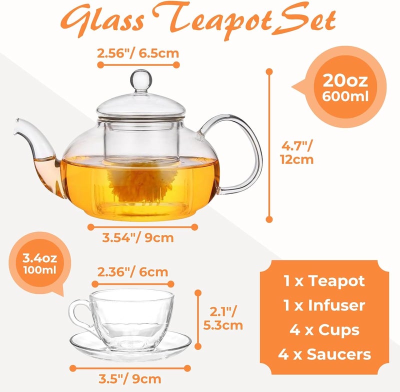 Atarvana Glass Teapot Set with Removable Infuser, 600ml Glass Tea Kettle with Loose Tea Infuser, 100ml Tea Cup & Saucer Set of 4, Elegant Blooming Tea Gift Set - Image 2
