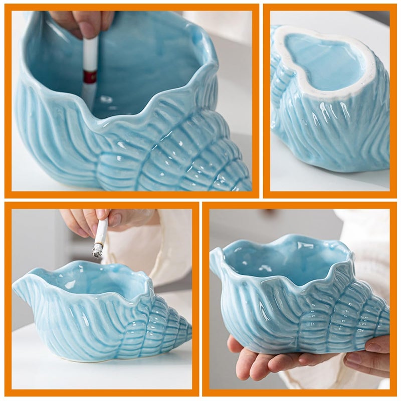 Blue Ceramic Conch Ashtray Small Smooth Surface Reusable Indoor Tabletop Decor - Image 5