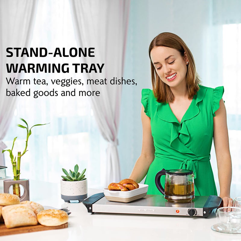 OVENTE Electric Warming Tray with Adjustable Temperature Control, Compact Food Warmer & Server for Buffets, Parties, Events, and Dinners, Cool-Touch Handles, Stainless Steel, Silver FW170S - Image 2