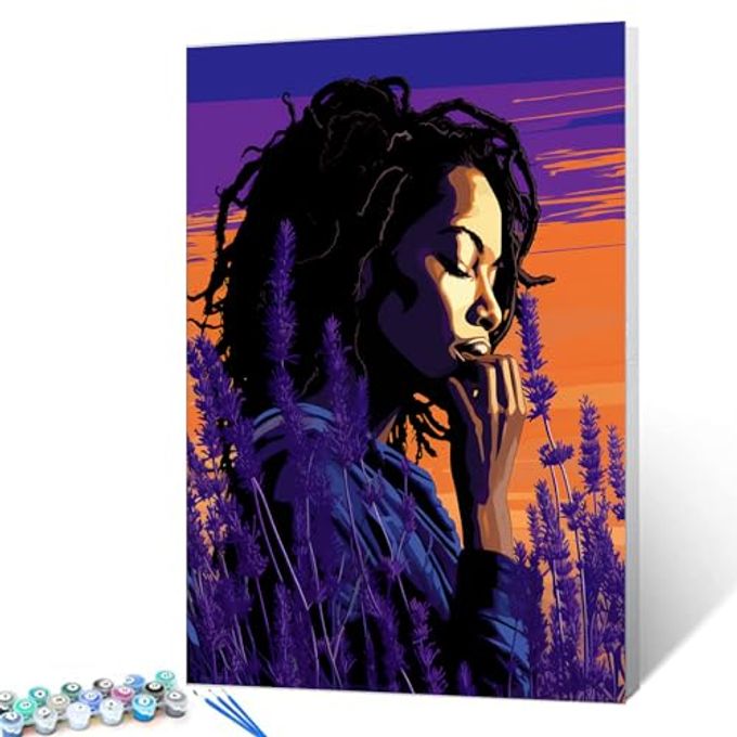 Tucocoo Black Girl Lavender Paint by Numbers for Adults Modern Art Style Figure Lady Painting by Numbers for Beginner Oil Painting African American Women Purple Room Decor 16''Wx20''HWithout Frame - Image 2