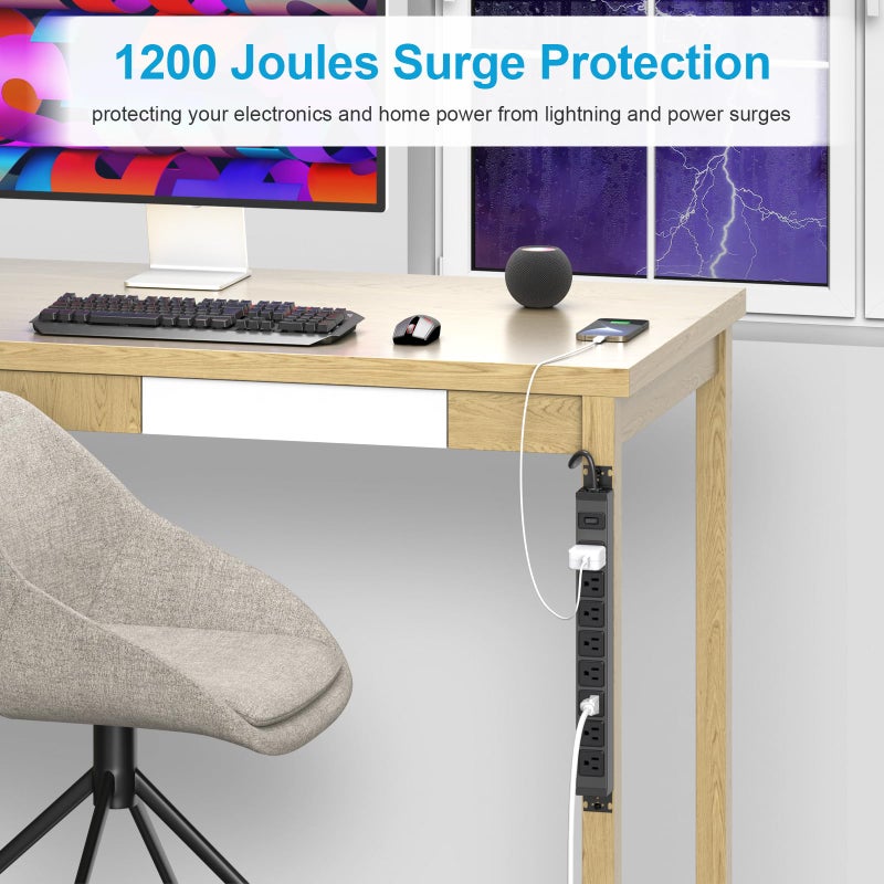 HHSOET شريط الطاقة القابل للتدوير 360 درجة HHSOET، 8 مخرج، مثبت على طاولة الألعاب، شريط طاقة طويل، واقي من زيادة التيار بجهد 1200J، 15A 125V 1875W، سلك طاقة بطول 6 أقدام. (أسود) - Image 3