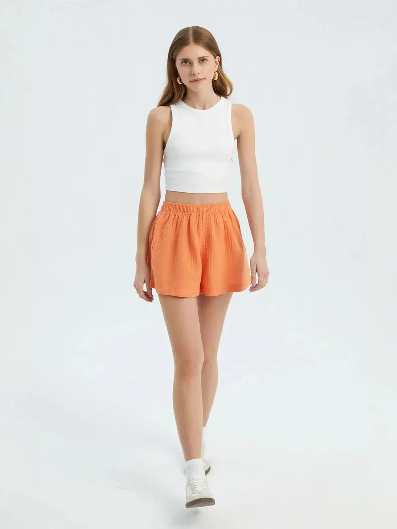 زوبعة شورت كتان بخصر مرتفع وخصر مطاطي