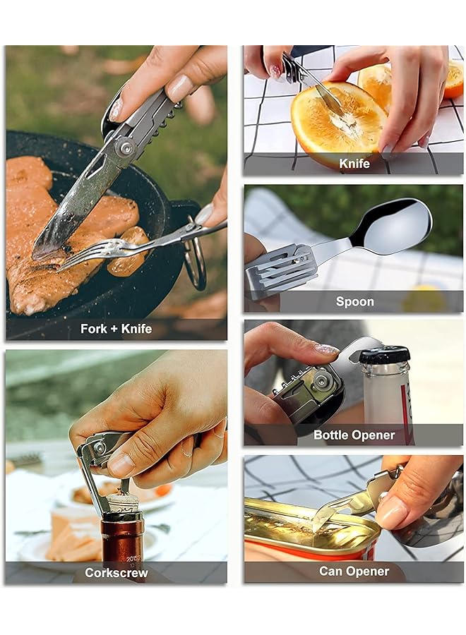 SYOSI Folding Camping Cutlery Set 5 in 1 Multifunctional Travel Pocket Cutlery Folding Spoon Fork Knife Bottle Opener Can Portable Set Utensil for Travel Hiking Picnic with Drawstring Pouch  - Image 2